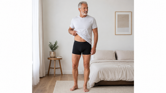 Homem confiante vestindo cueca absorvente VIVRA em quarto claro e moderno